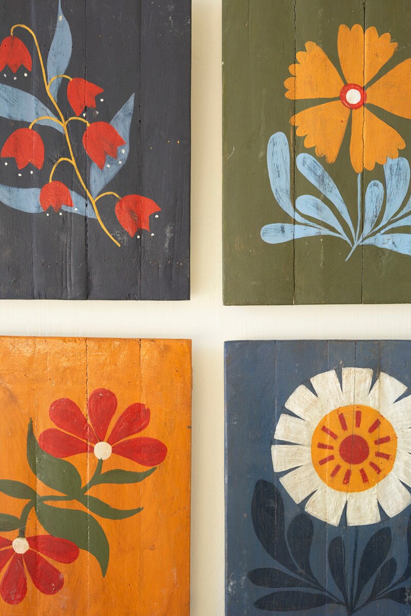 Set Of Four Hand Painted Florals On Recycled Wood Panels By Kalalou