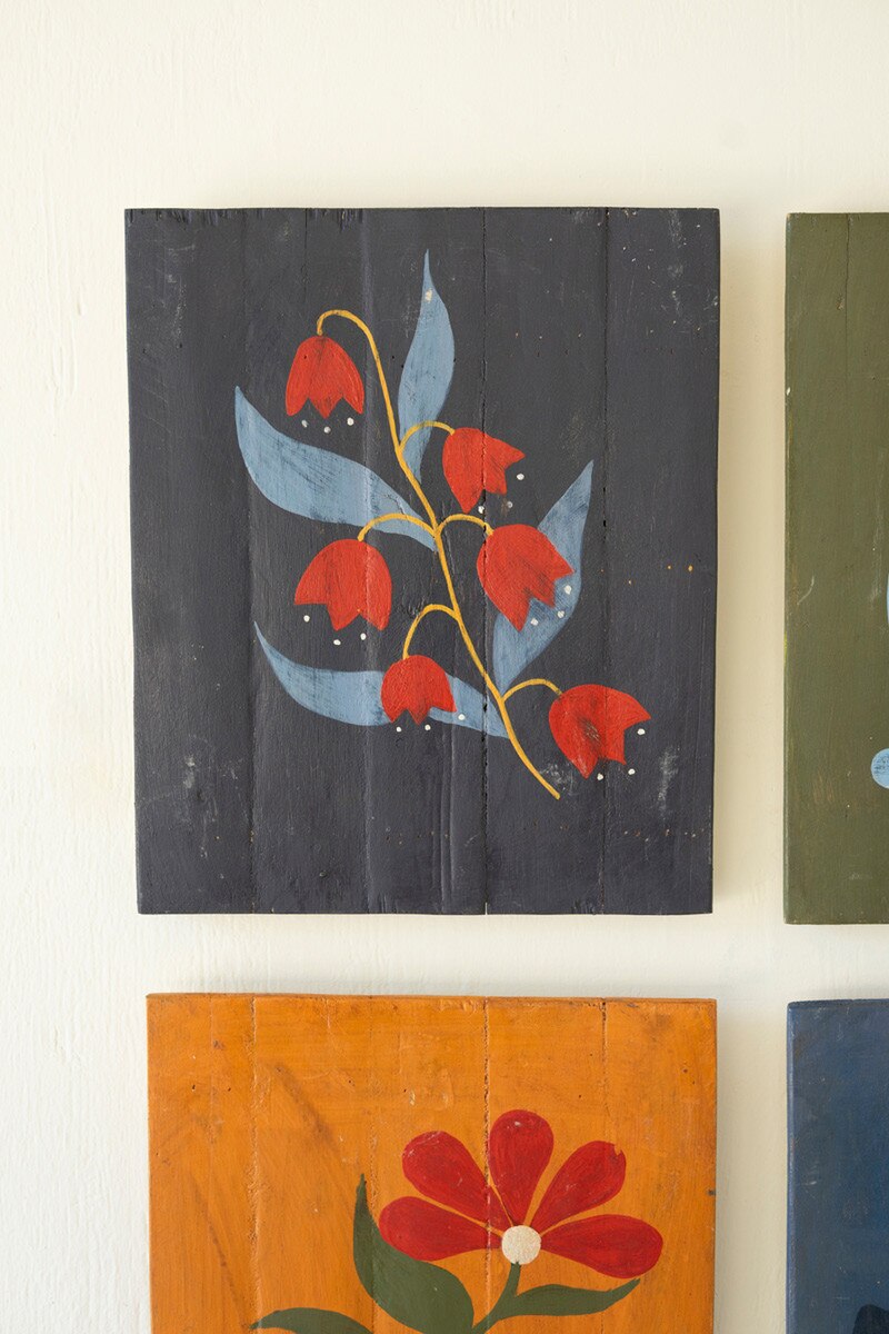 Set Of Four Hand Painted Florals On Recycled Wood Panels By Kalalou