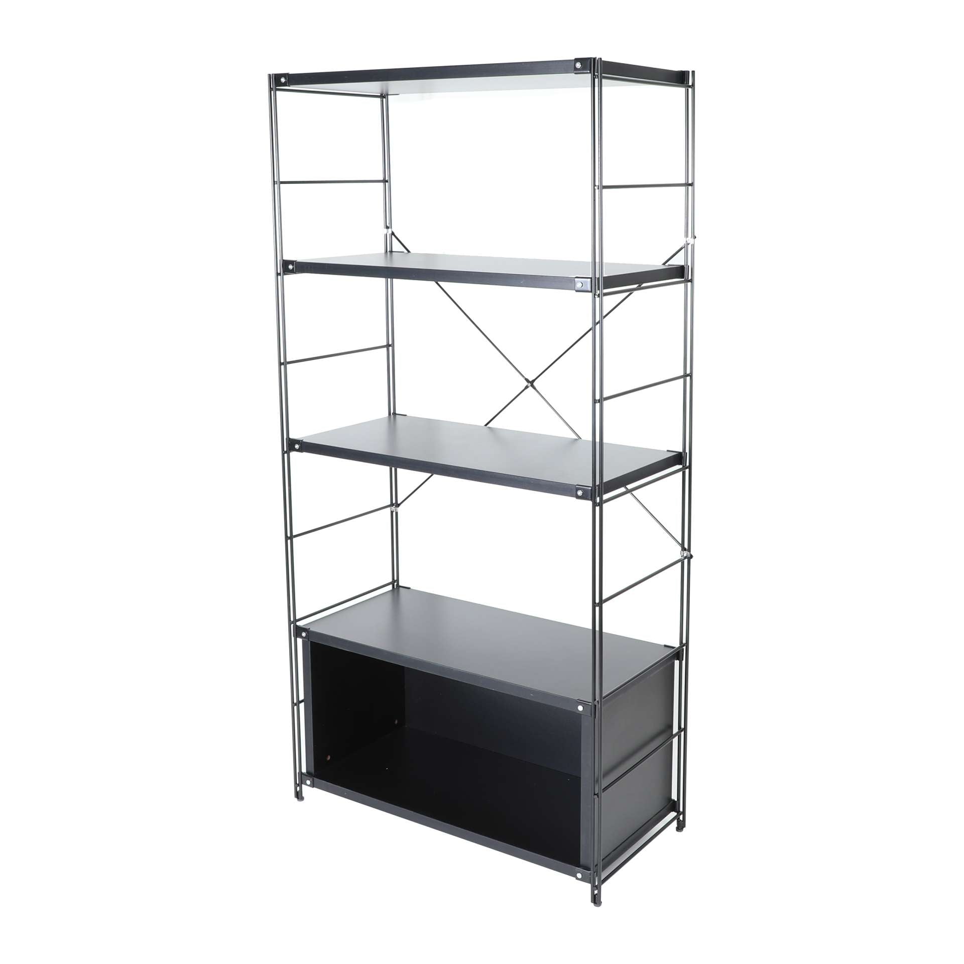 LeisureMod Brentwood Etagere Bookcase with Black Powder Coated Steel Frame and Melamine Board Shelves | Bookcases | Modishstore - 18