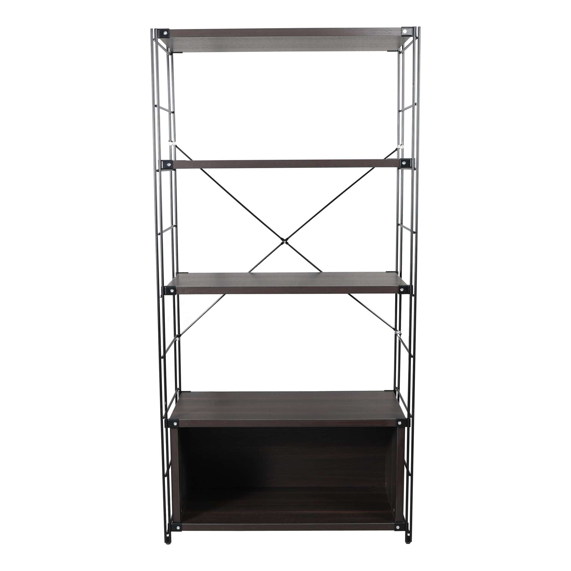 LeisureMod Brentwood Etagere Bookcase with Black Powder Coated Steel Frame and Melamine Board Shelves | Bookcases | Modishstore - 19