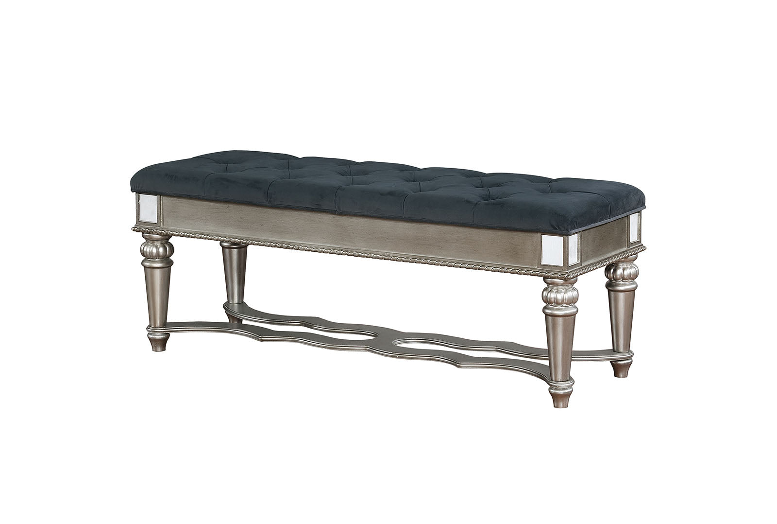 Traditional Style Solid Wooden Bench with Tufted Seat, Silver and Blue By Benzara | Benches | Modishstore - 2