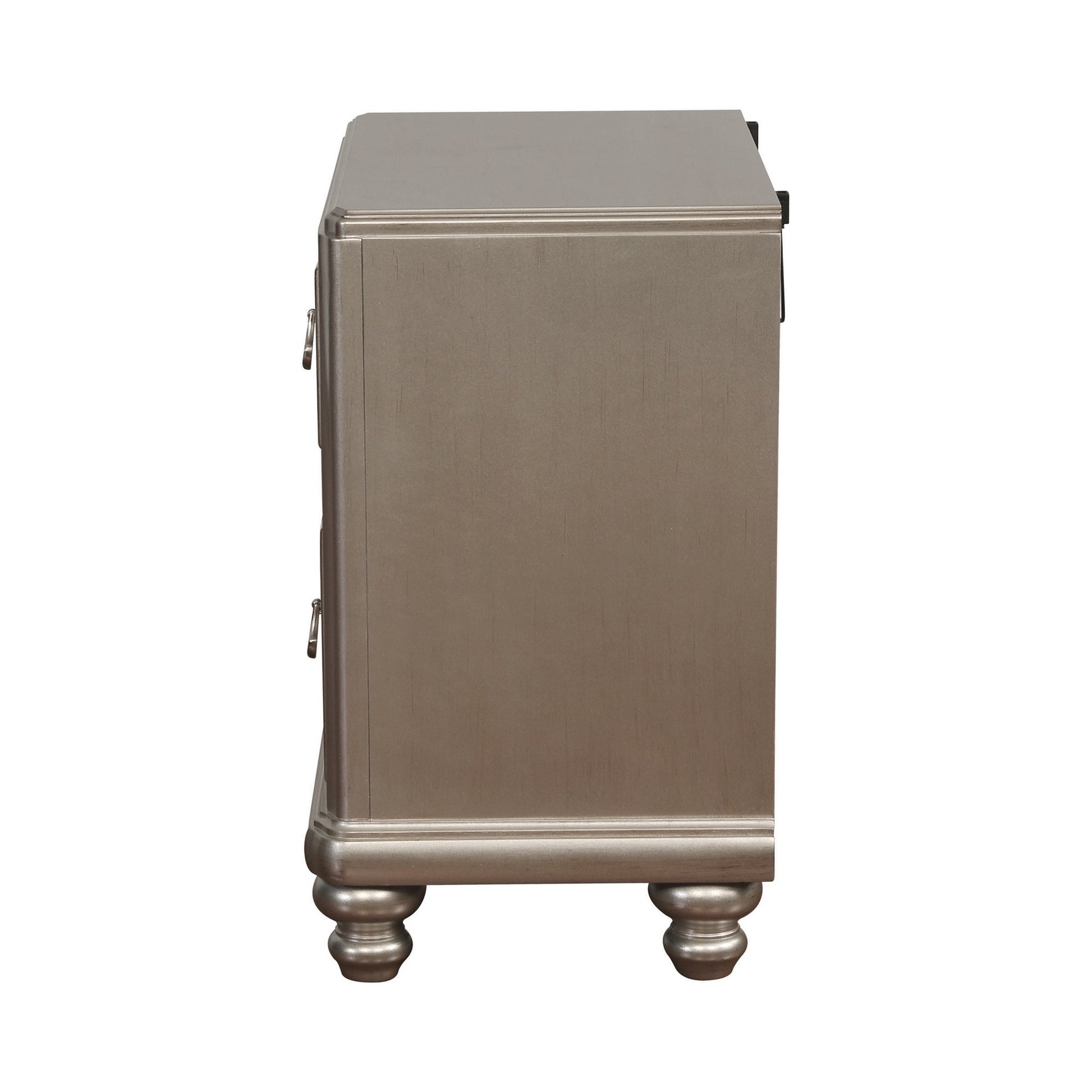 Mirror Trim Accented Nightstand with Two Drawers and Turned Legs, Silver By Benzara | Bedroom Sets | Modishstore - 4