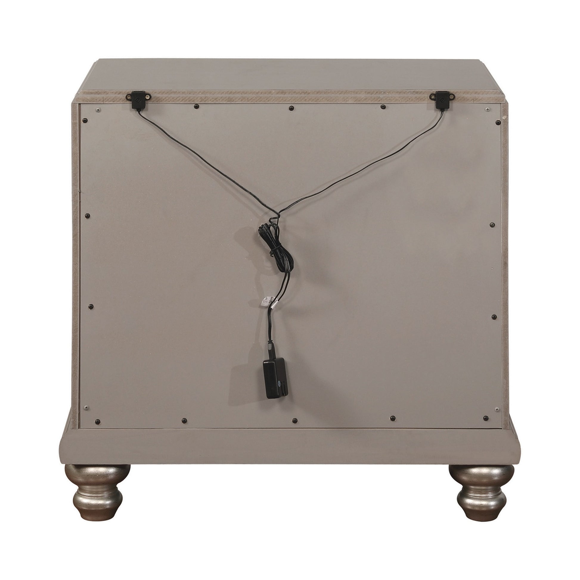 Mirror Trim Accented Nightstand with Two Drawers and Turned Legs, Silver By Benzara | Bedroom Sets | Modishstore - 3