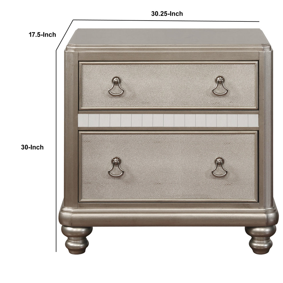 Mirror Trim Accented Nightstand with Two Drawers and Turned Legs, Silver By Benzara | Bedroom Sets | Modishstore - 5