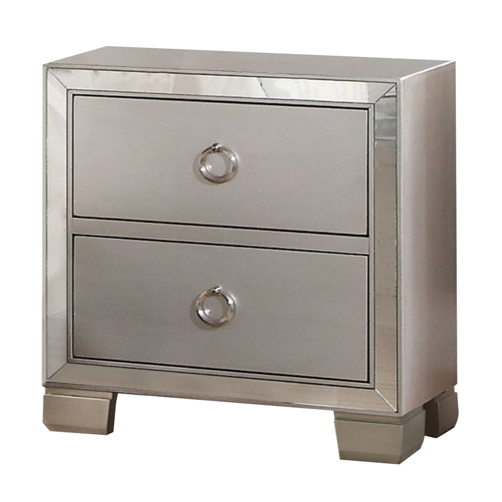 Two Drawer Nightstand With Mirror Insert Front Trim, Platinum By Benzara | Bedroom Sets | Modishstore - 2