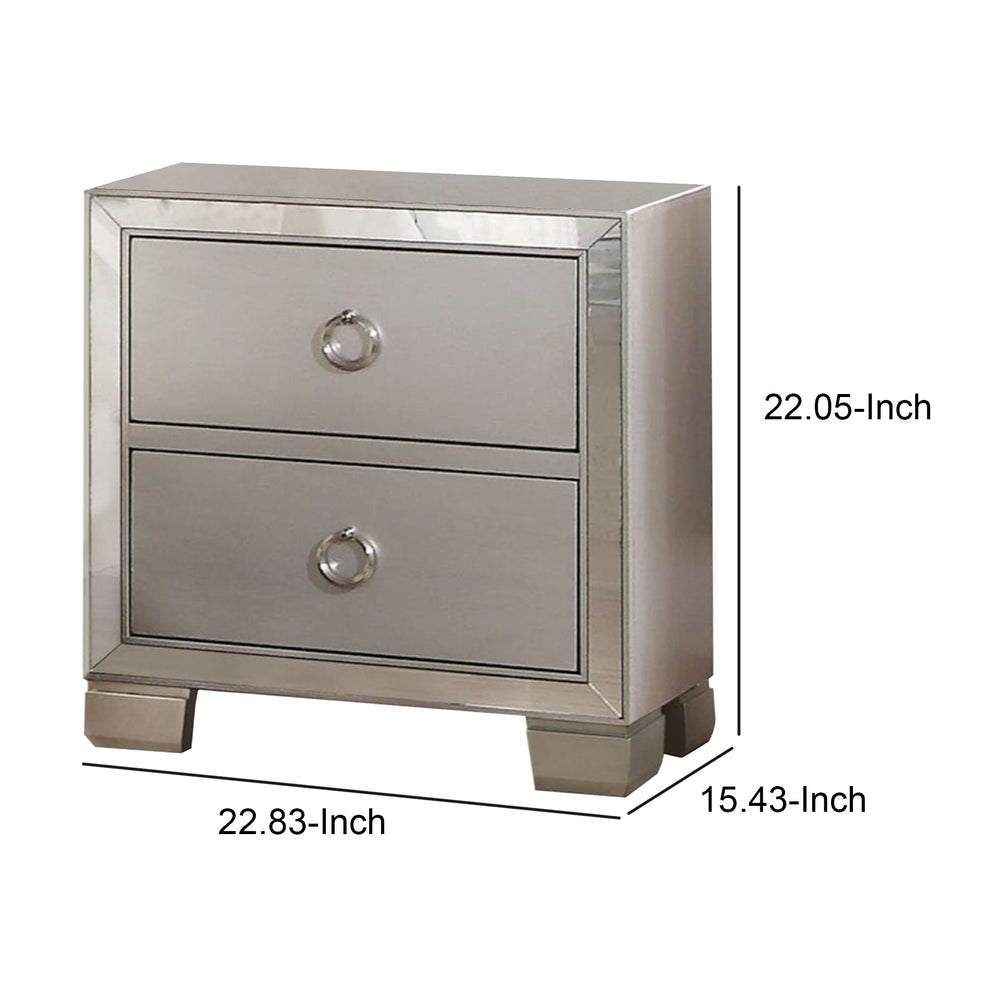 Two Drawer Nightstand With Mirror Insert Front Trim, Platinum By Benzara | Bedroom Sets | Modishstore - 3