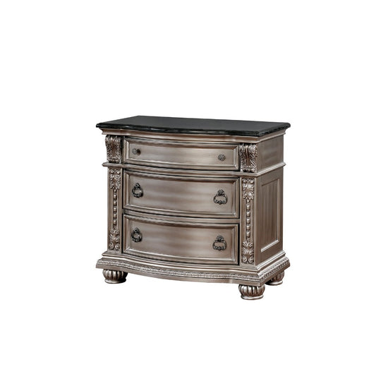 Solid Wood with Marble Top Nightstand with Three Drawers, Silver By Benzara | Bedroom Sets | Modishstore