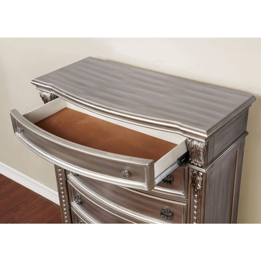 Solid Wood with Marble Top Nightstand with Three Drawers, Silver By Benzara | Bedroom Sets | Modishstore - 2