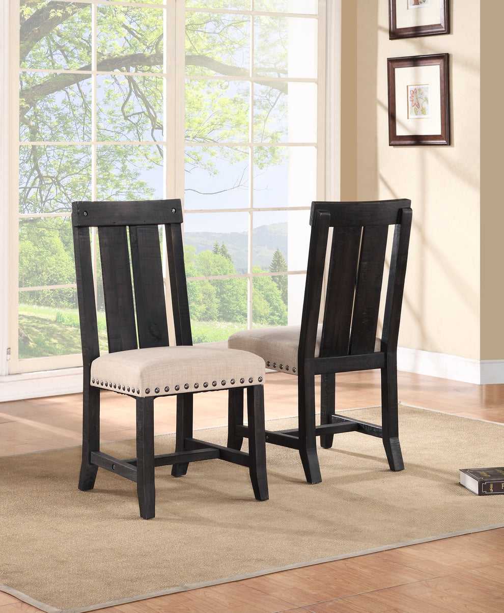 Wooden Chair with Fabric Upholstered Seat and Slat Style Back, Set of 2, Black and Beige By Benzara | Accent Chairs | Modishstore - 2