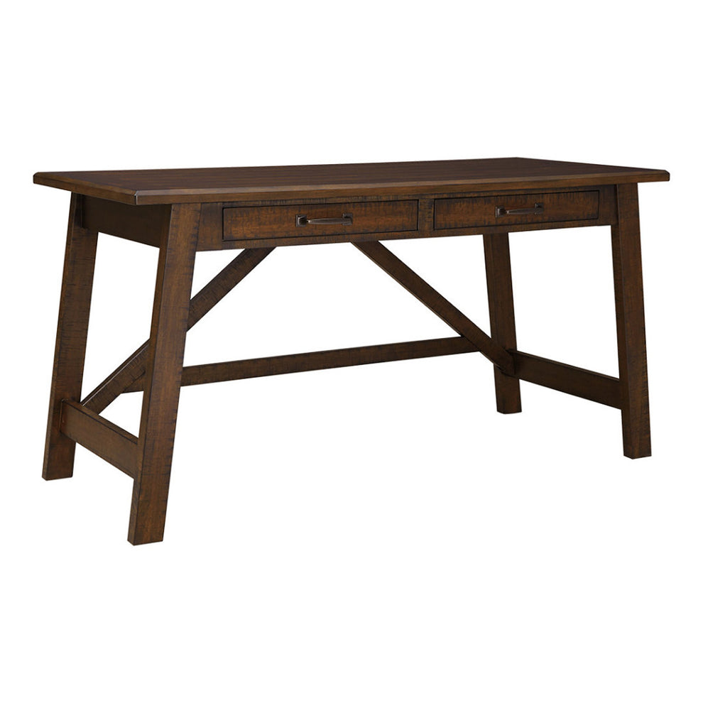 Two Drawers Wooden Desk with Cross Stretcher Brace Design, Large, Brown By Benzara | Desks | Modishstore - 6