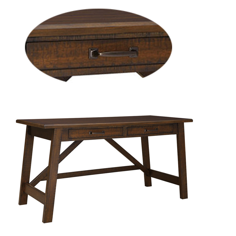 Two Drawers Wooden Desk with Cross Stretcher Brace Design, Large, Brown By Benzara | Desks | Modishstore - 4