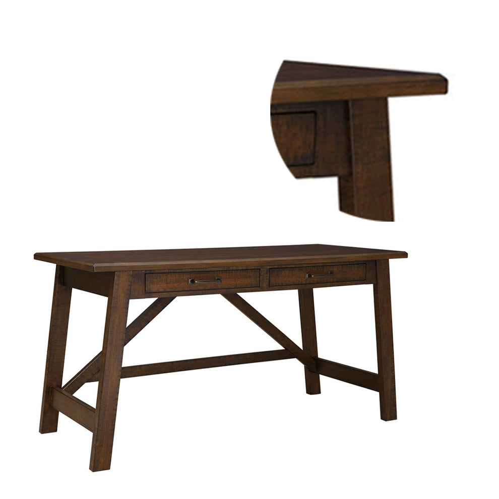 Two Drawers Wooden Desk with Cross Stretcher Brace Design, Large, Brown By Benzara | Desks | Modishstore - 3