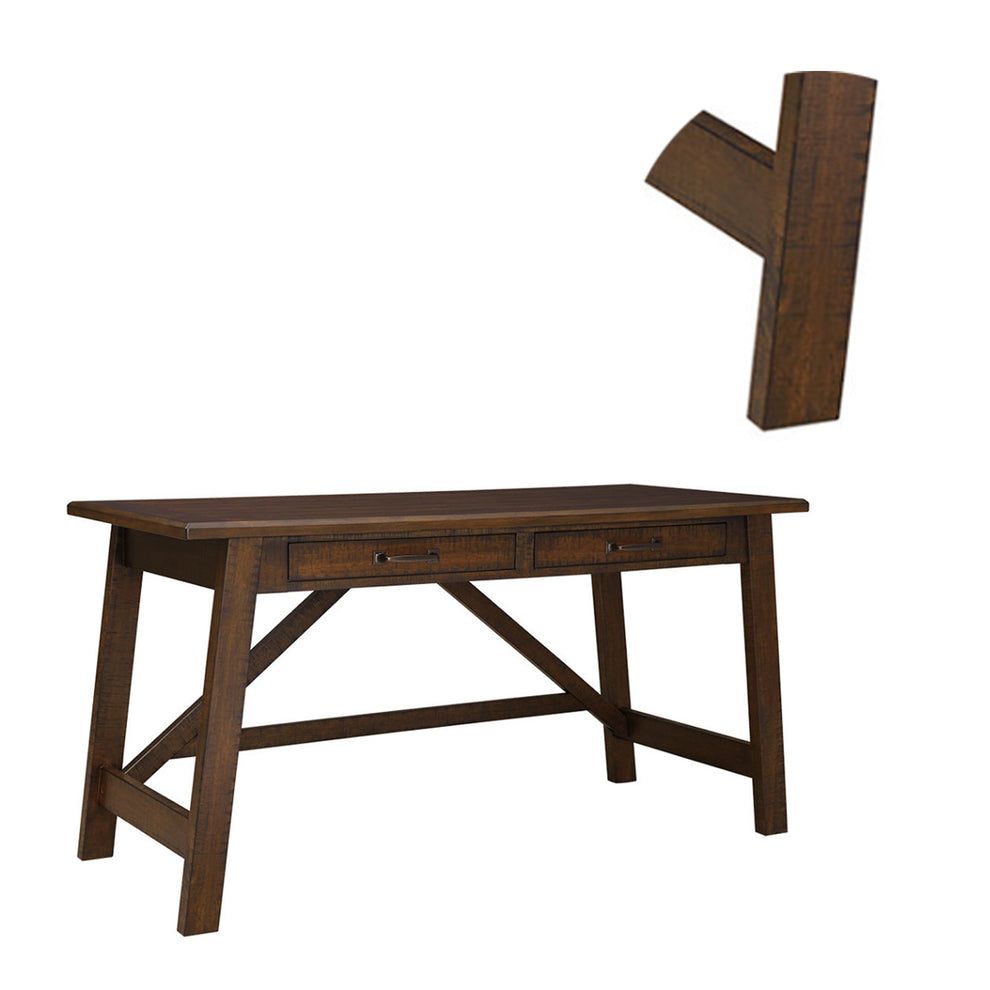 Two Drawers Wooden Desk with Cross Stretcher Brace Design, Large, Brown By Benzara | Desks | Modishstore - 2