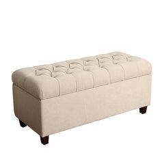 Fabric Upholstered Button Tufted Wooden Bench With Hinged Storage, Cream and Brown By Benzara
