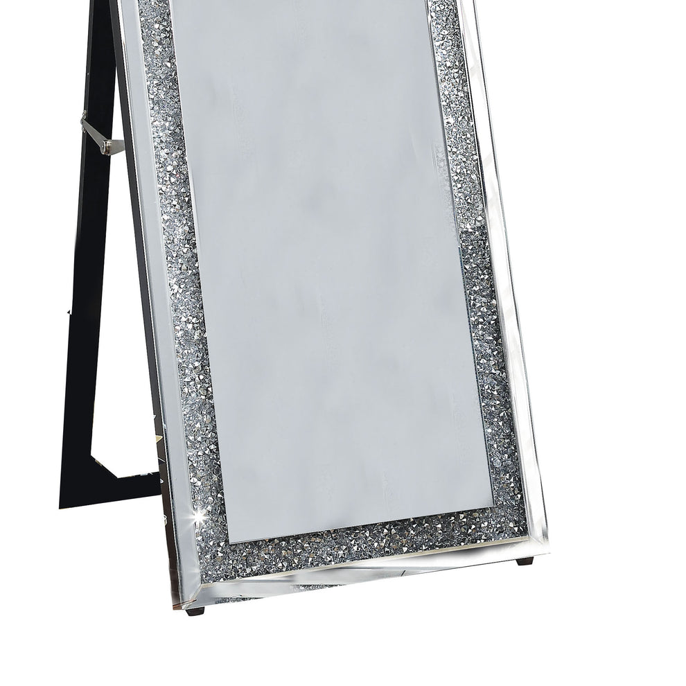 Faux Crystal Accented Wooden Floor Mirror, Clear and Silver By Benzara | Mirrors | Modishstore - 3