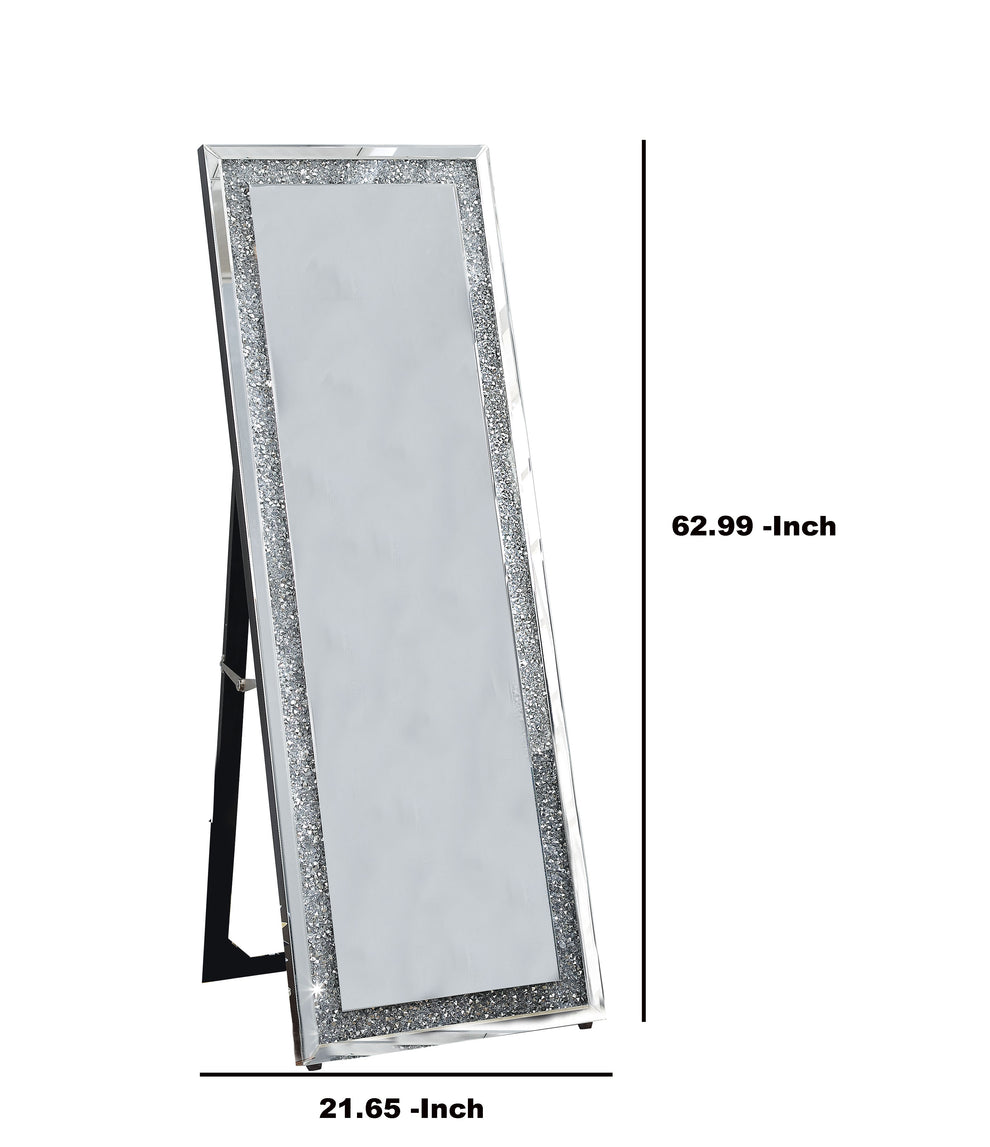 Faux Crystal Accented Wooden Floor Mirror, Clear and Silver By Benzara | Mirrors | Modishstore - 6