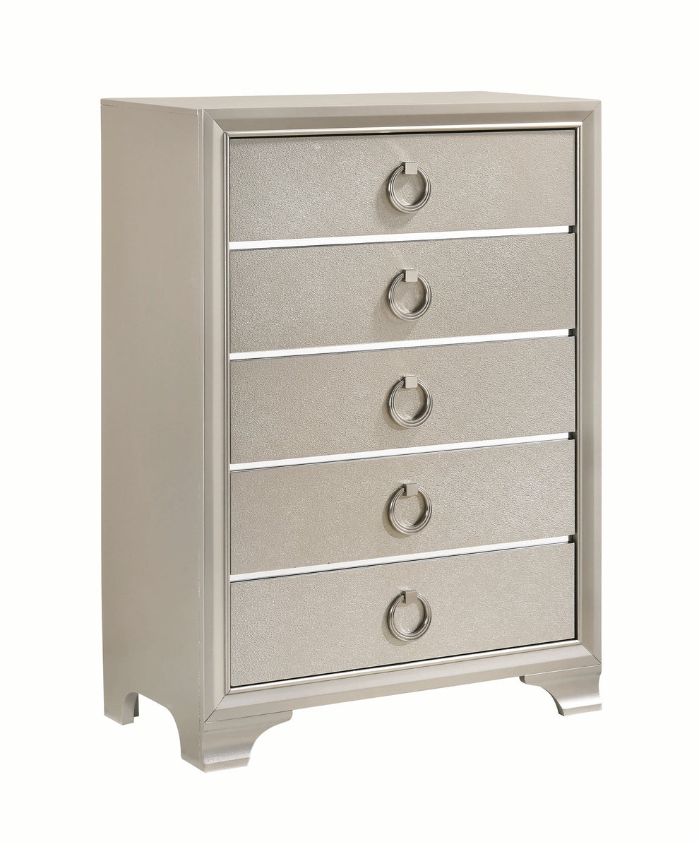 Five Drawers Wooden Dresser with Oversized Ring Handles, Silver By Benzara | Dressers | Modishstore - 7