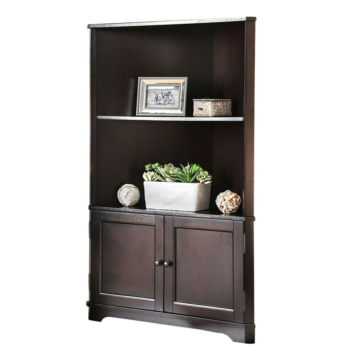 Wooden Bookshelf with 2 Open Compartments and 2 Doors, Walnut Brown By Benzara | Hooks & Racks | Modishstore