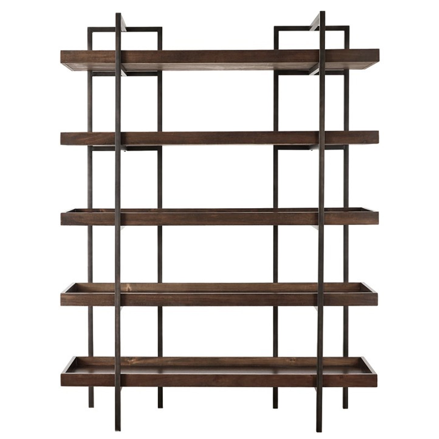 Bookcase with 5 Fixed Wooden Shelves and Metal Frame, Brown and Black By Benzara | Bookcases | Modishstore
