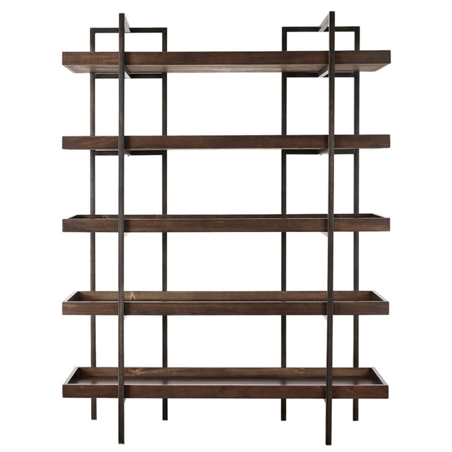 Bookcase with 5 Fixed Wooden Shelves and Metal Frame, Brown and Black By Benzara | Bookcases | Modishstore