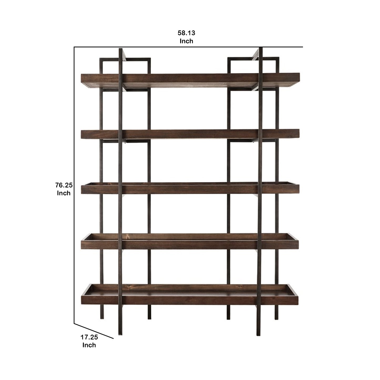 Bookcase with 5 Fixed Wooden Shelves and Metal Frame, Brown and Black By Benzara | Bookcases | Modishstore - 2