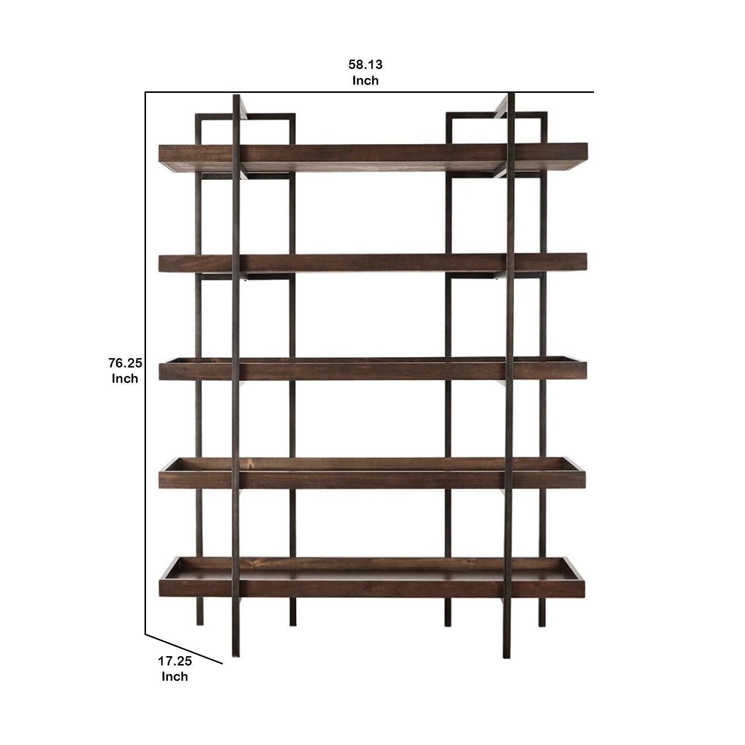 Bookcase with 5 Fixed Wooden Shelves and Metal Frame, Brown and Black By Benzara | Bookcases | Modishstore - 2