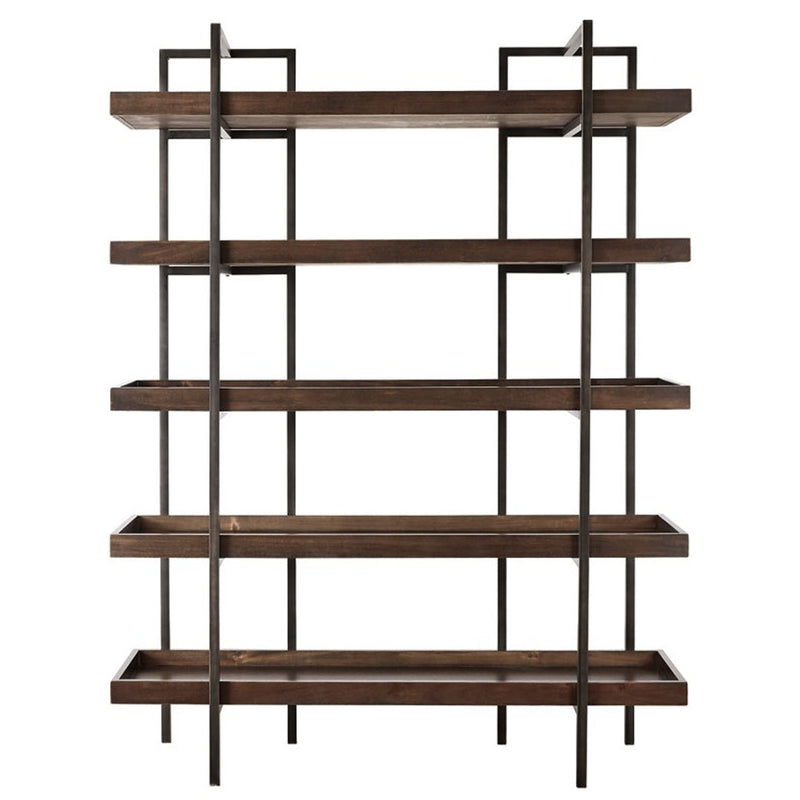 Bookcase with 5 Fixed Wooden Shelves and Metal Frame, Brown and Black By Benzara | Bookcases | Modishstore