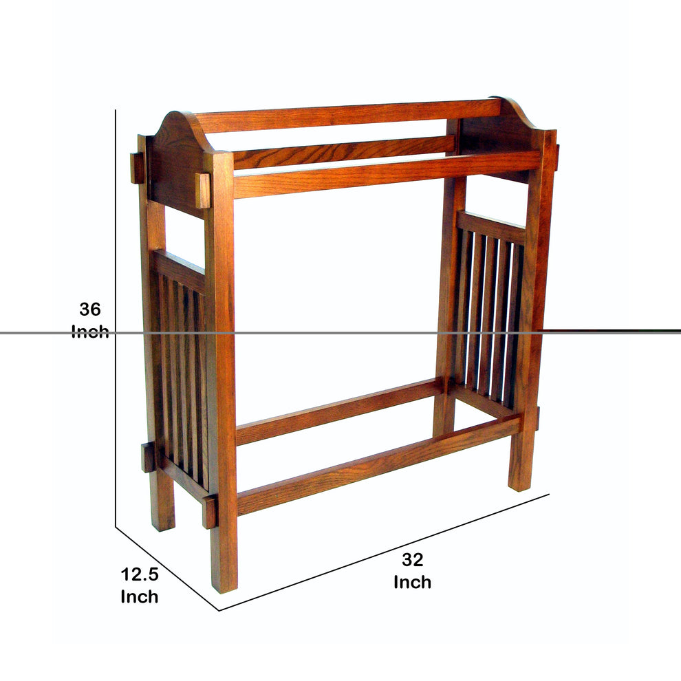Wooden Mission Style Quilt Rack with 3 Hanging Bars on Scrolled Top, Brown By Benzara | Hooks & Racks | Modishstore - 2
