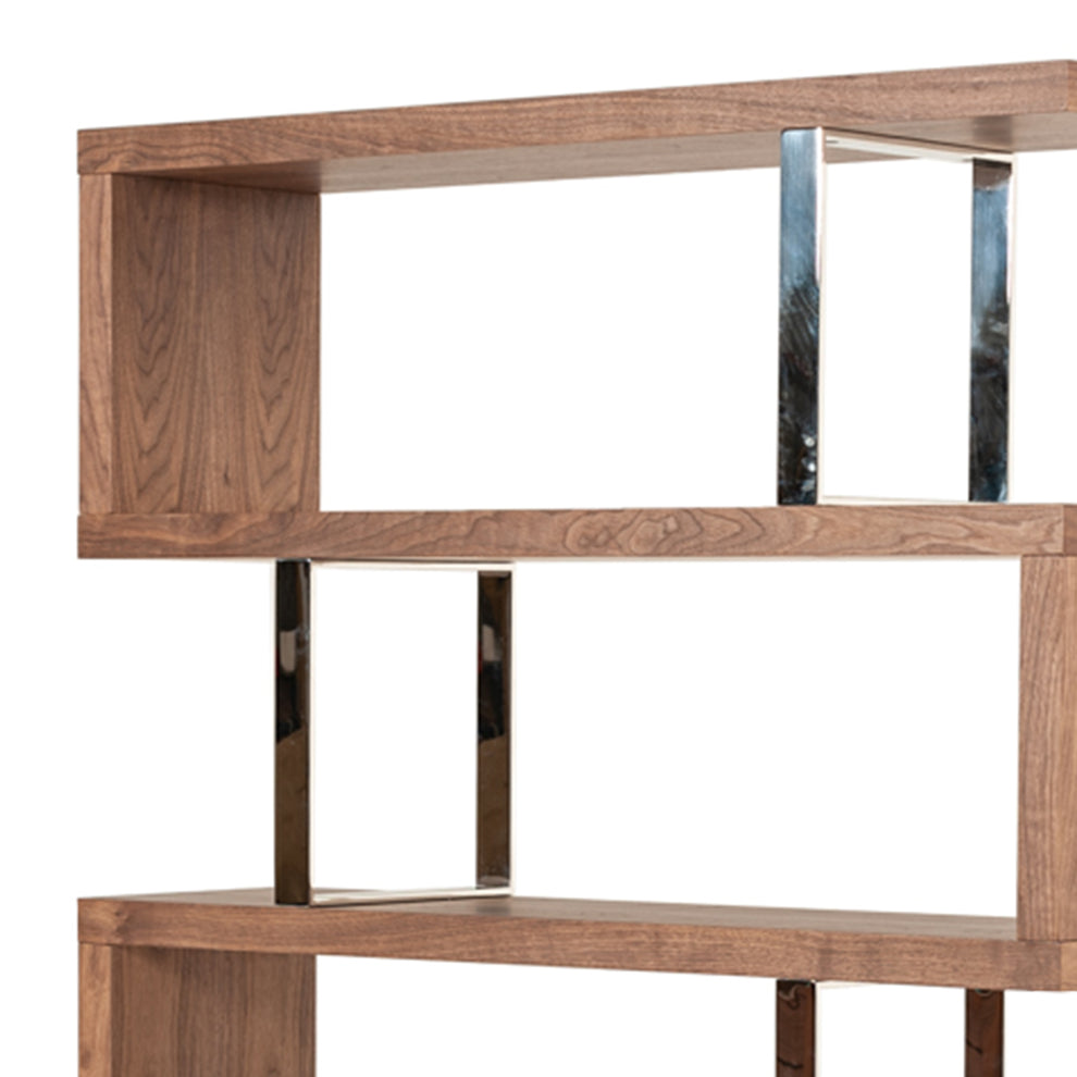 Zig Zag Wooden Frame Shelf Unit with Metal Braces Support, Brown and Silver By Benzara | Hooks & Racks | Modishstore - 3