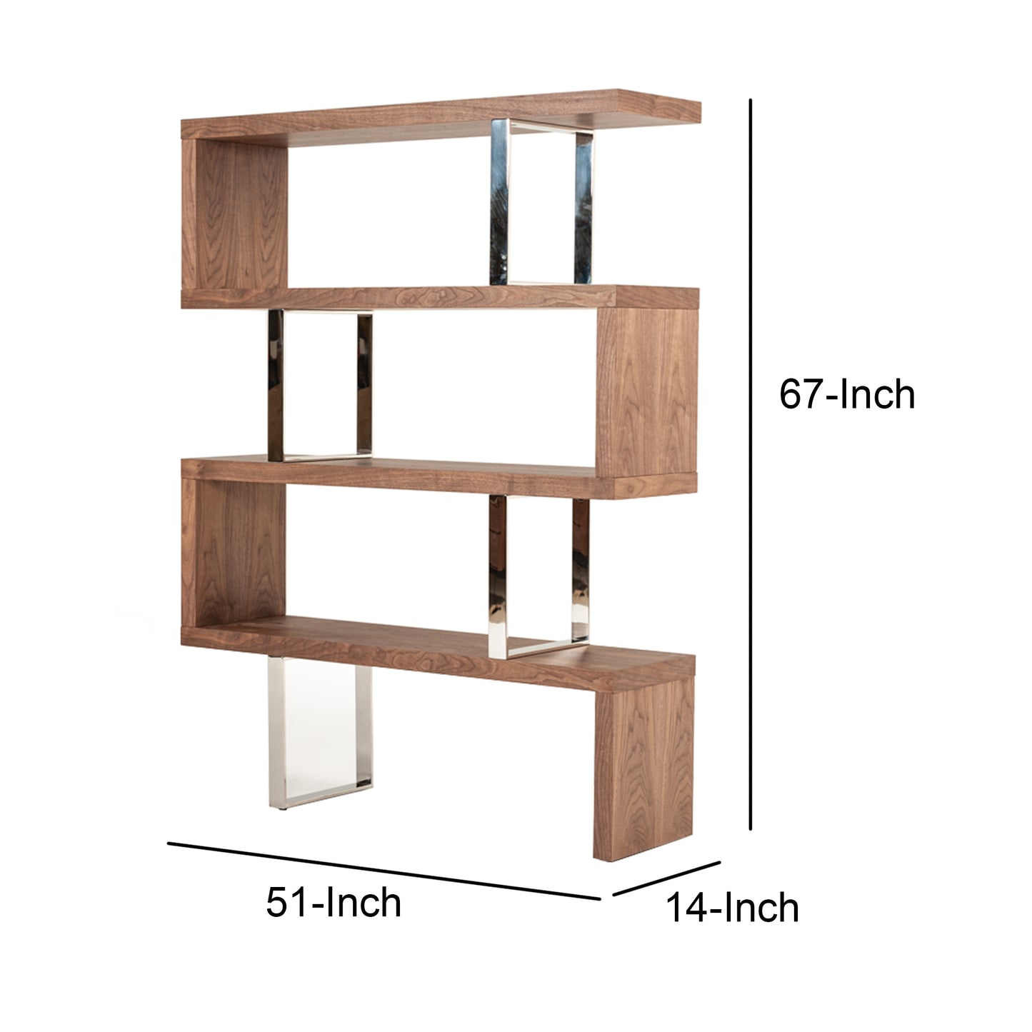 Zig Zag Wooden Frame Shelf Unit with Metal Braces Support, Brown and Silver By Benzara | Hooks & Racks | Modishstore - 5