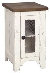 Two Tone Chair Side End Table with Wire Metal Grill Cabinet,Brown and White By Benzara