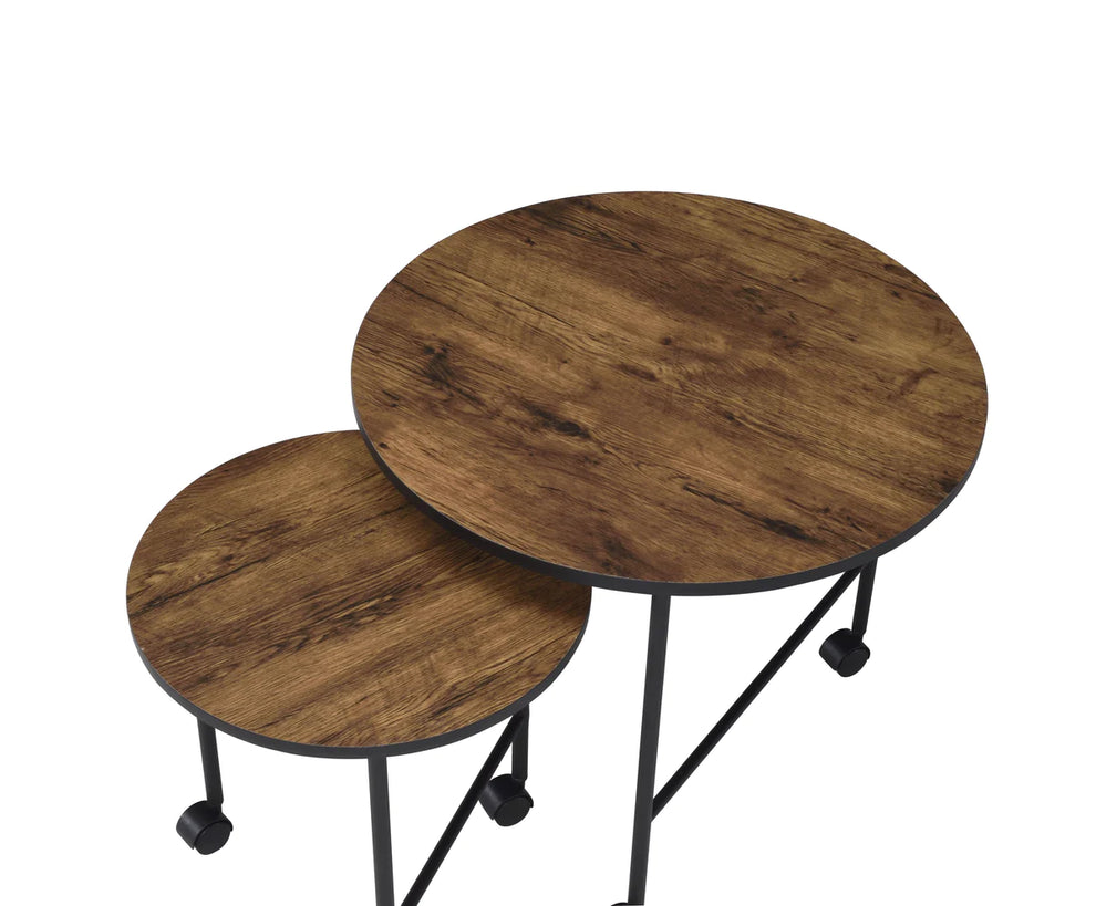 2 Piece Round Nesting End Table with Casters, Oak Brown and Black By Benzara | End Tables | Modishstore - 2