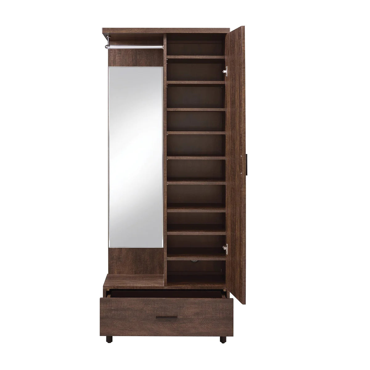 Mirrored Wooden Hall Tree with 1 Door and 1 Drawer, Brown and Silver By Benzara | Coat Racks | Modishstore
