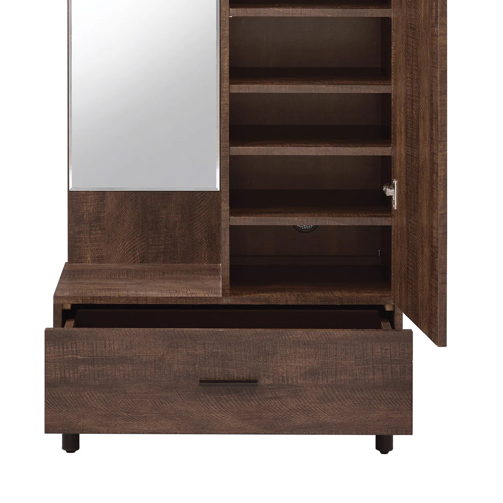 Mirrored Wooden Hall Tree with 1 Door and 1 Drawer, Brown and Silver By Benzara | Coat Racks | Modishstore - 2