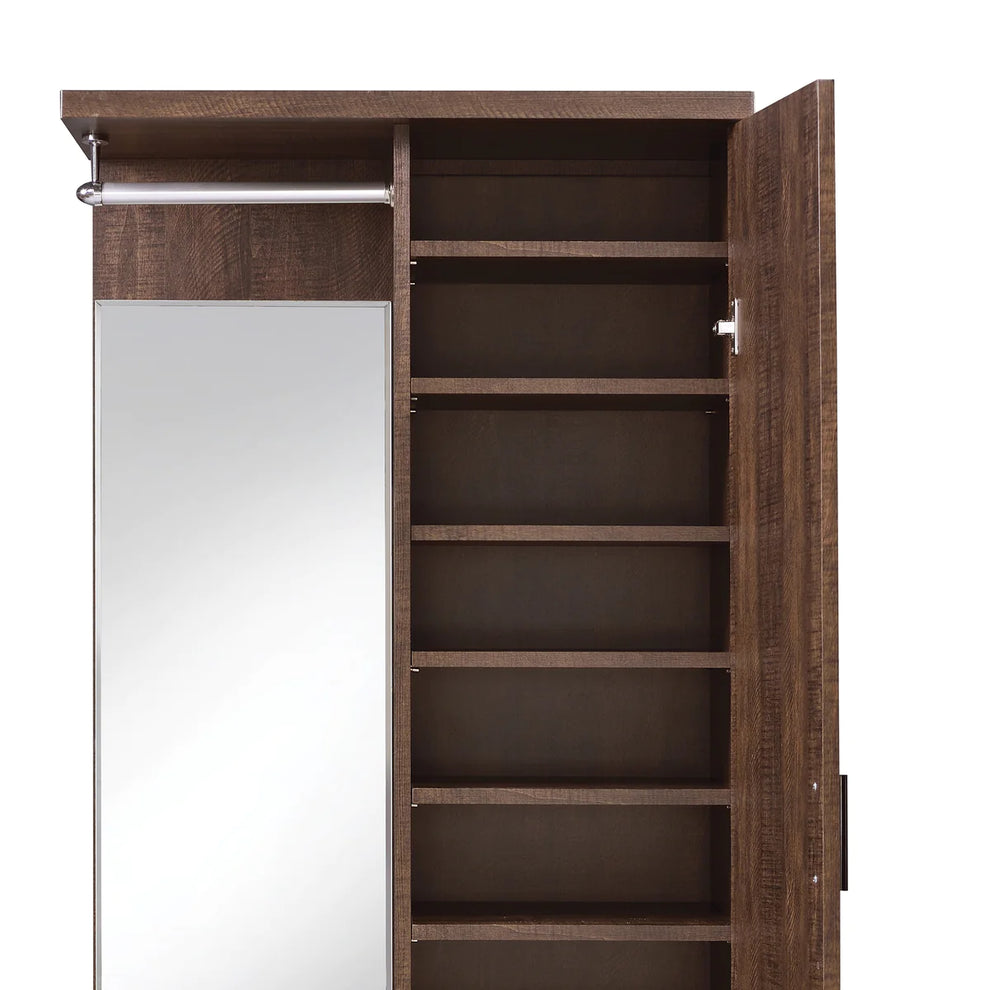 Mirrored Wooden Hall Tree with 1 Door and 1 Drawer, Brown and Silver By Benzara | Coat Racks | Modishstore - 3