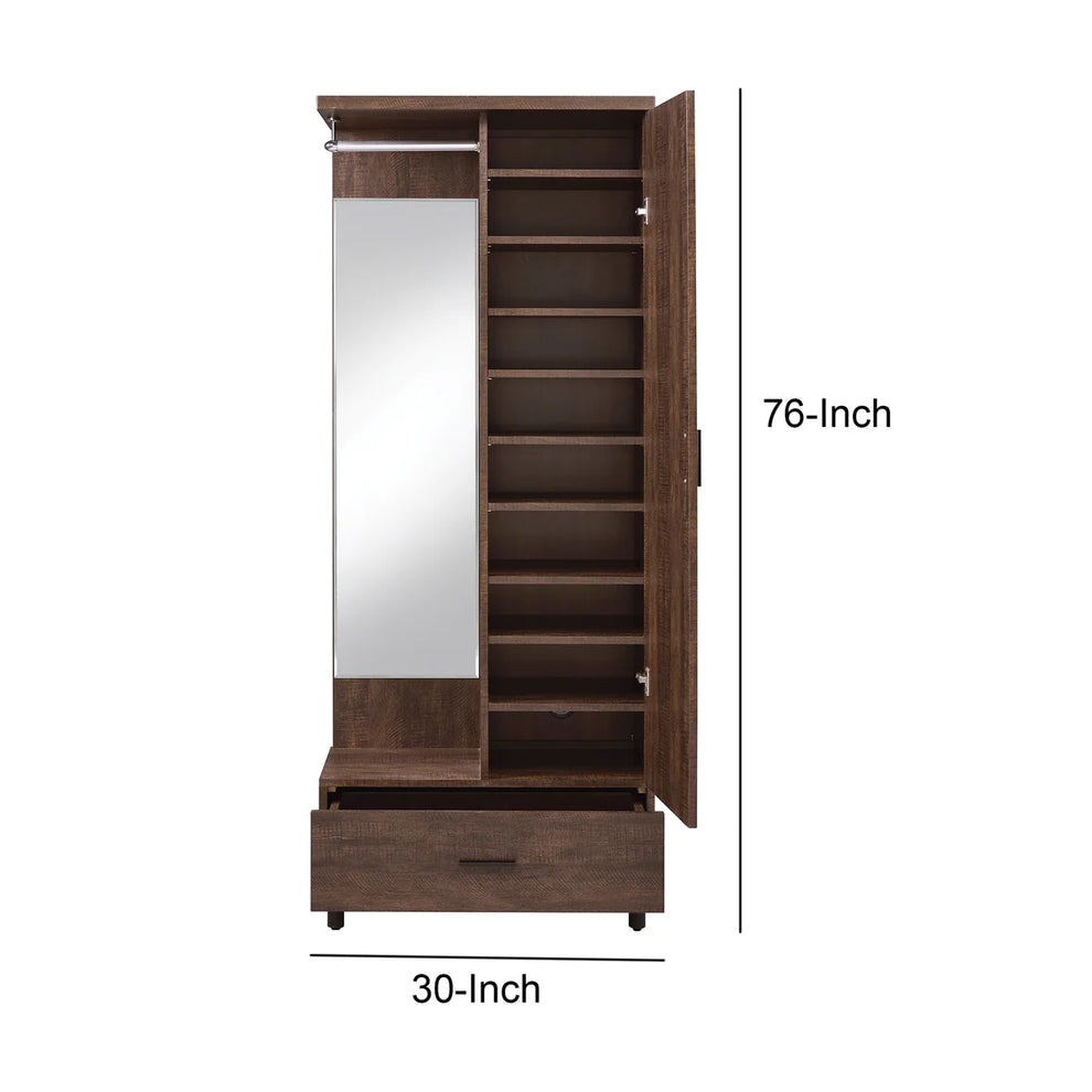 Mirrored Wooden Hall Tree with 1 Door and 1 Drawer, Brown and Silver By Benzara | Coat Racks | Modishstore - 5