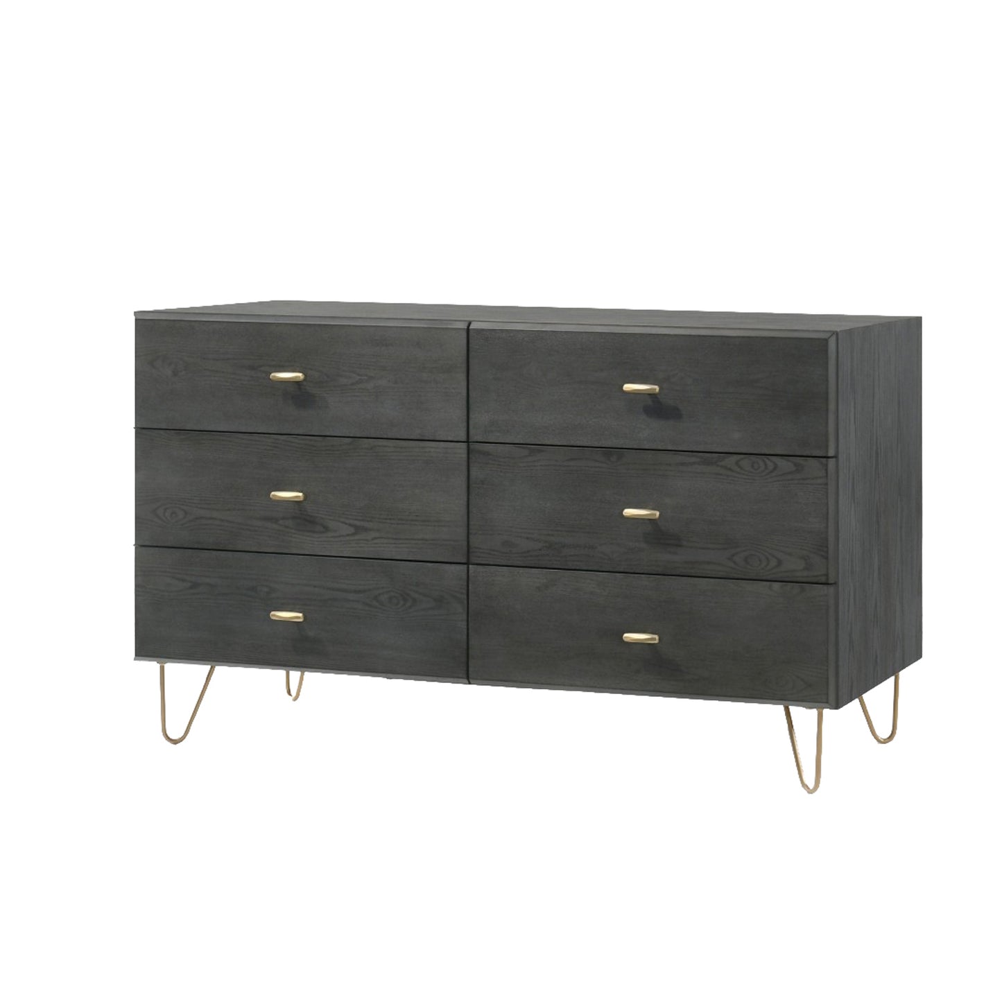 Wooden Dresser with 6 Drawers and Metal Hairpin Legs, Gray and Gold By Benzara | Dressers | Modishstore