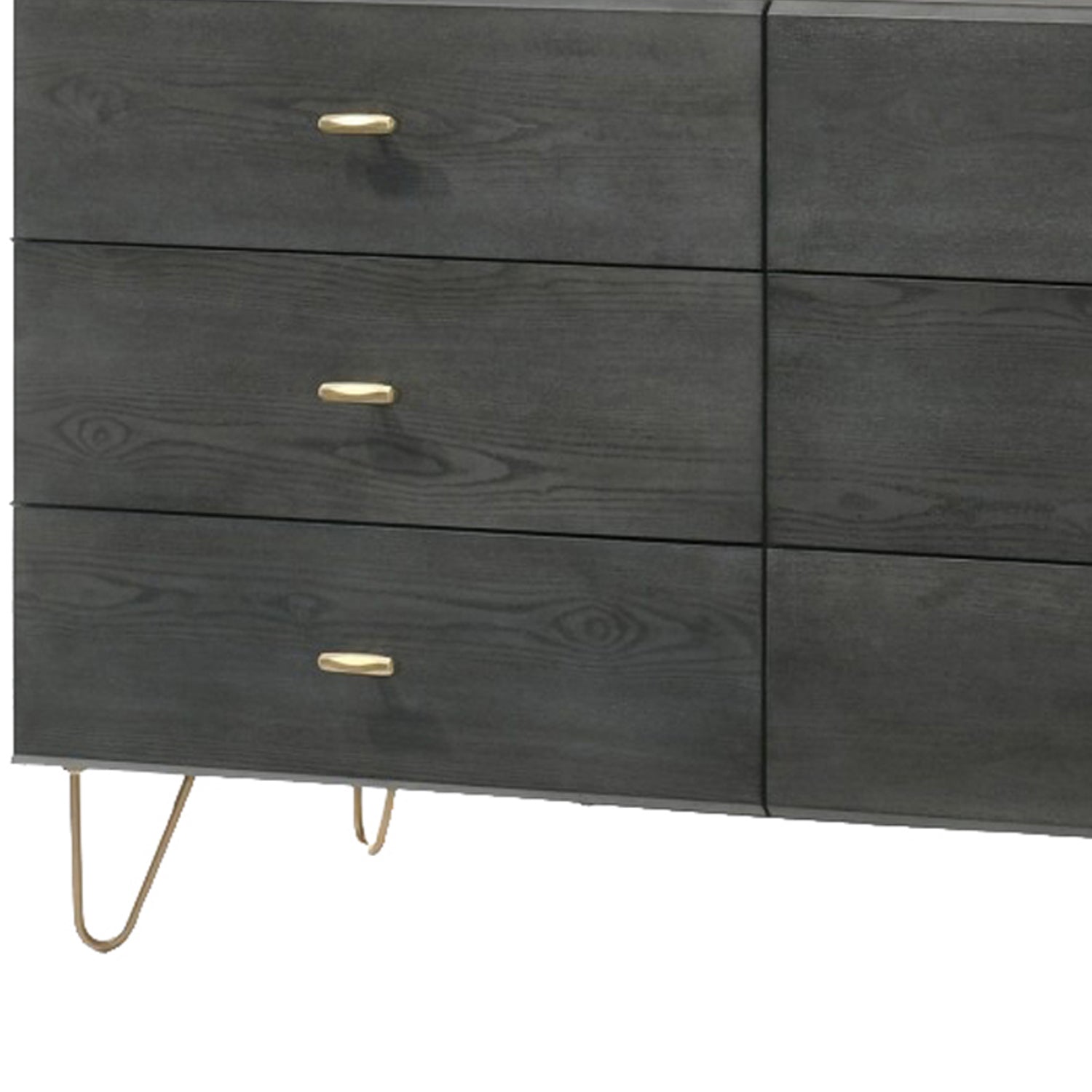Wooden Dresser with 6 Drawers and Metal Hairpin Legs, Gray and Gold By Modish Store Wooden Dresser with 6 Drawers and Metal Hairpin Legs, Gray and Gold By Modish Store