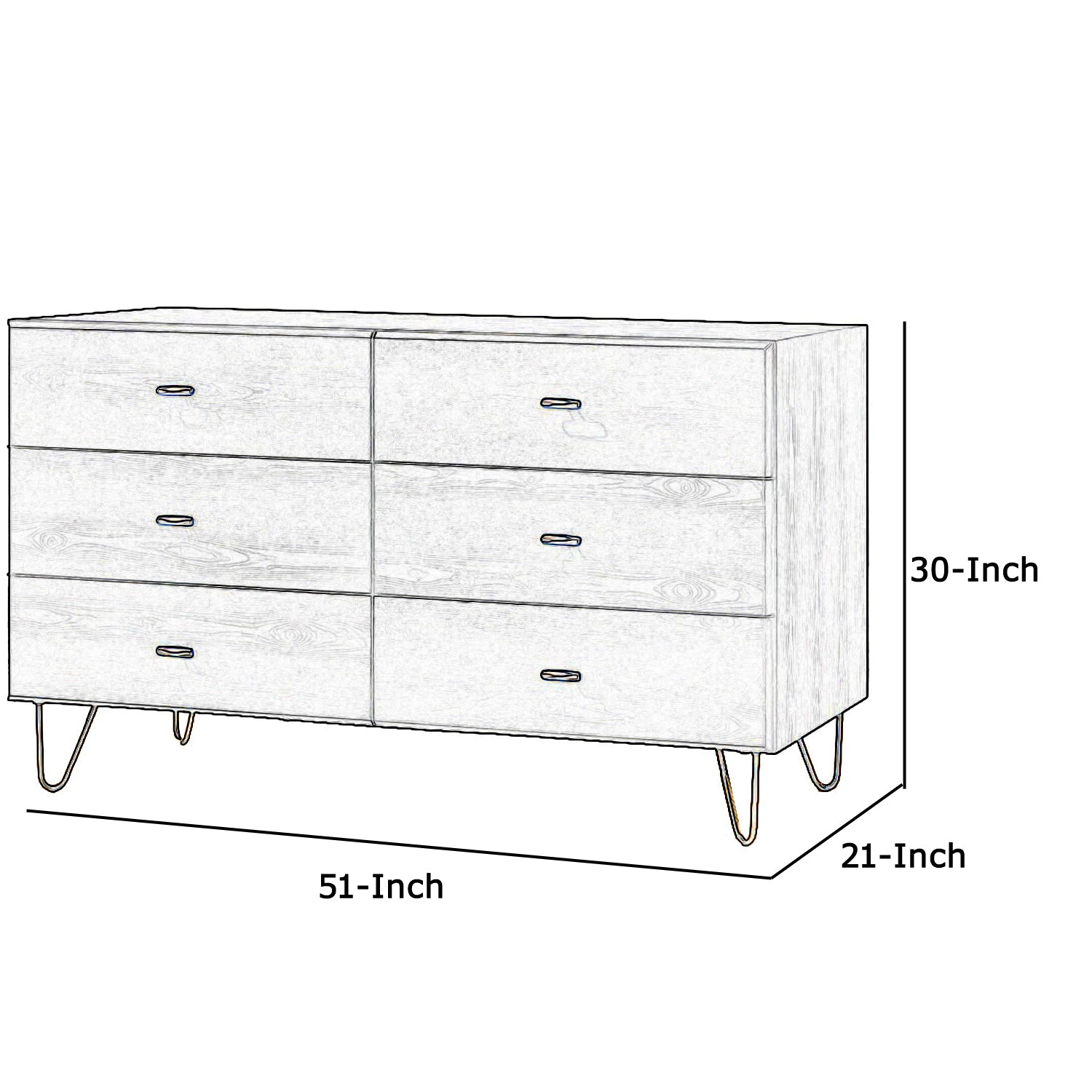 Wooden Dresser with 6 Drawers and Metal Hairpin Legs, Gray and Gold By Modish Store Wooden Dresser with 6 Drawers and Metal Hairpin Legs, Gray and Gold By Modish Store