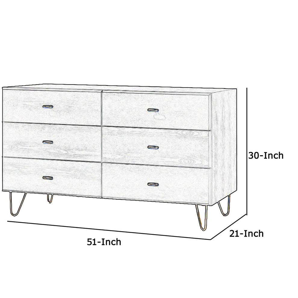 Wooden Dresser with 6 Drawers and Metal Hairpin Legs, Gray and Gold By Benzara | Dressers | Modishstore - 5
