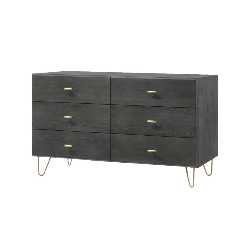 Wooden Dresser with 6 Drawers and Metal Hairpin Legs, Gray and Gold By Modish Store Wooden Dresser with 6 Drawers and Metal Hairpin Legs, Gray and Gold By Modish Store