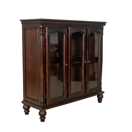 Traditional Wood and Glass Accent Cabinet with Carved Details, Brown By Benzara | Cabinets | Modishstore