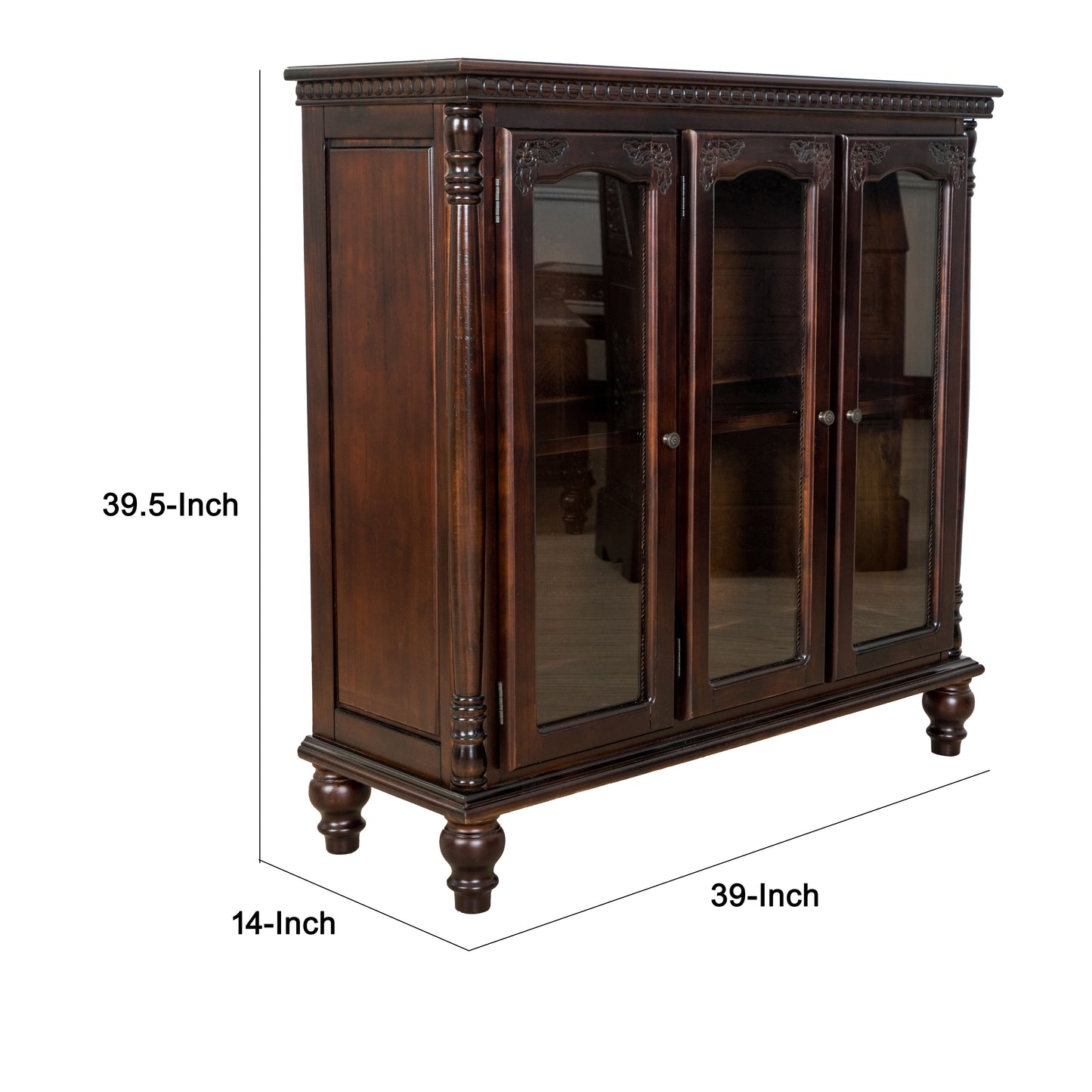 Traditional Wood and Glass Accent Cabinet with Carved Details, Brown By Benzara | Cabinets | Modishstore - 2