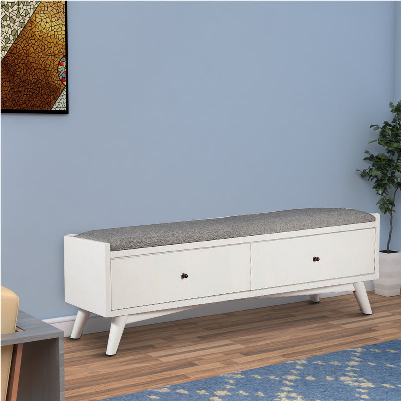 Fabric Upholstered Bedroom Bench with 2 Storage Drawers, White By Benzara | Bedroom Sets | Modishstore