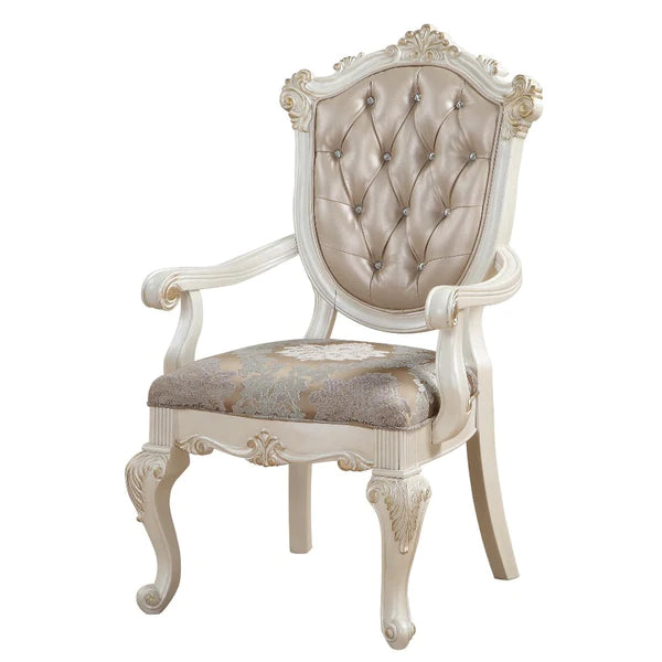 Wooden Arm Chair with Floral Patterned Padded Seat, Set of 2,White and Gold - BM221497 By Benzara | Armchairs | Modishstore - 3