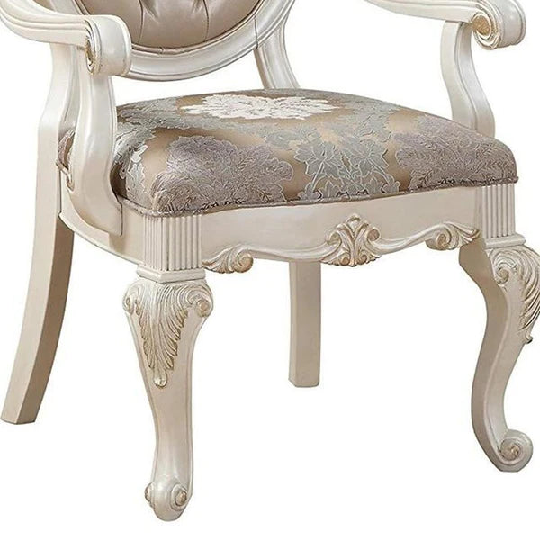 Wooden Arm Chair with Floral Patterned Padded Seat, Set of 2,White and Gold - BM221497 By Benzara | Armchairs | Modishstore - 4
