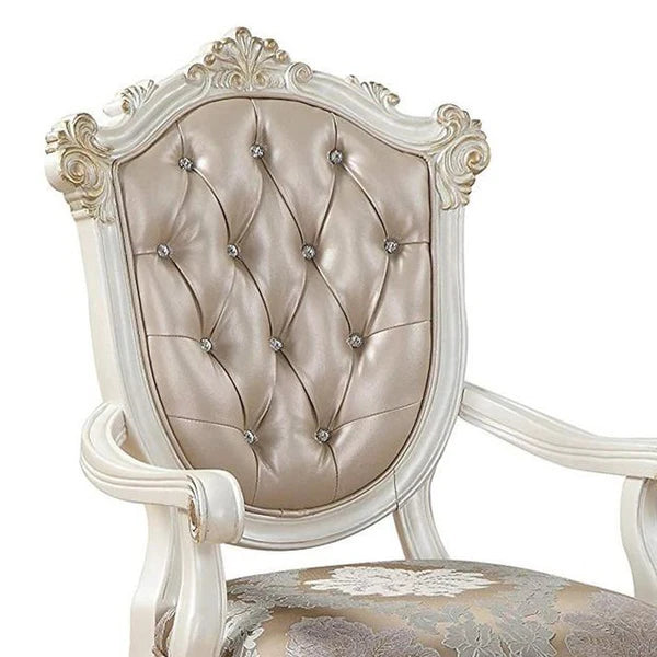 Wooden Arm Chair with Floral Patterned Padded Seat, Set of 2,White and Gold - BM221497 By Benzara | Armchairs | Modishstore - 5