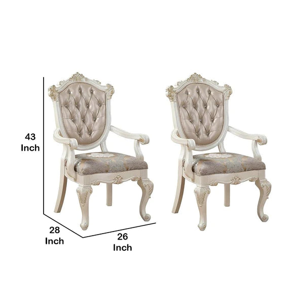 Wooden Arm Chair with Floral Patterned Padded Seat, Set of 2,White and Gold - BM221497 By Benzara | Armchairs | Modishstore - 6