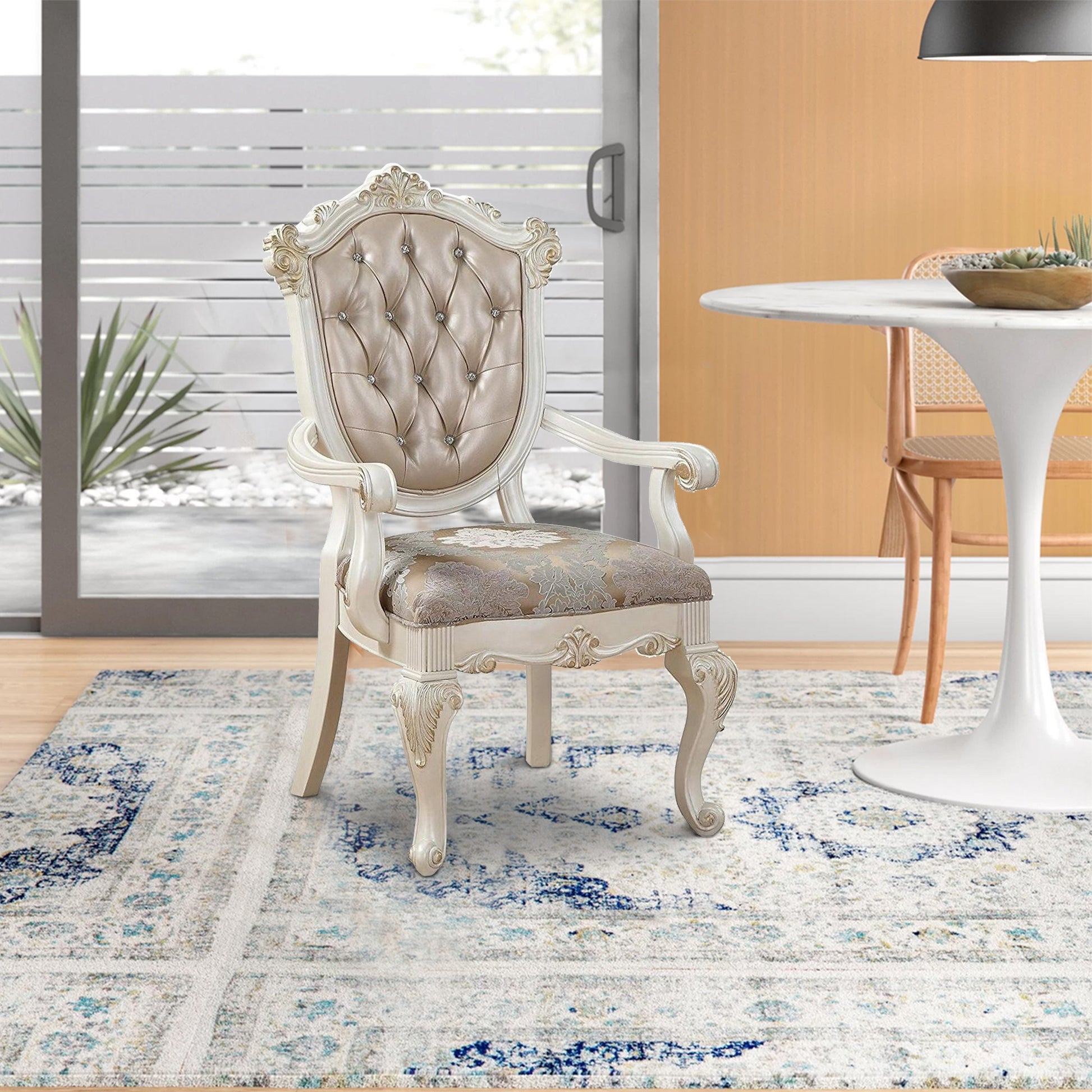Wooden Arm Chair with Floral Patterned Padded Seat, Set of 2,White and Gold - BM221497 By Benzara | Armchairs | Modishstore
