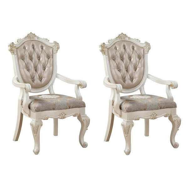 Wooden Arm Chair with Floral Patterned Padded Seat, Set of 2,White and Gold - BM221497 By Benzara | Armchairs | Modishstore - 2